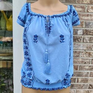Bright Blue Embroidered Boho Venus Peasant Top